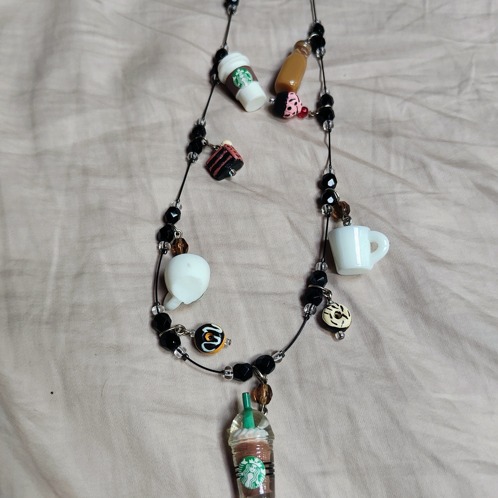 Artisanal Black and Brown Necklace with Eclectic coffee Charms